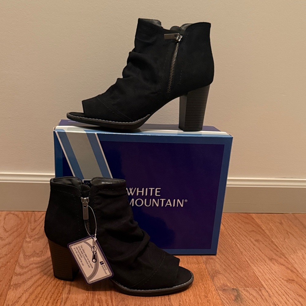 White Mountain Black Suedette/Peep-Toe Heeled Boots